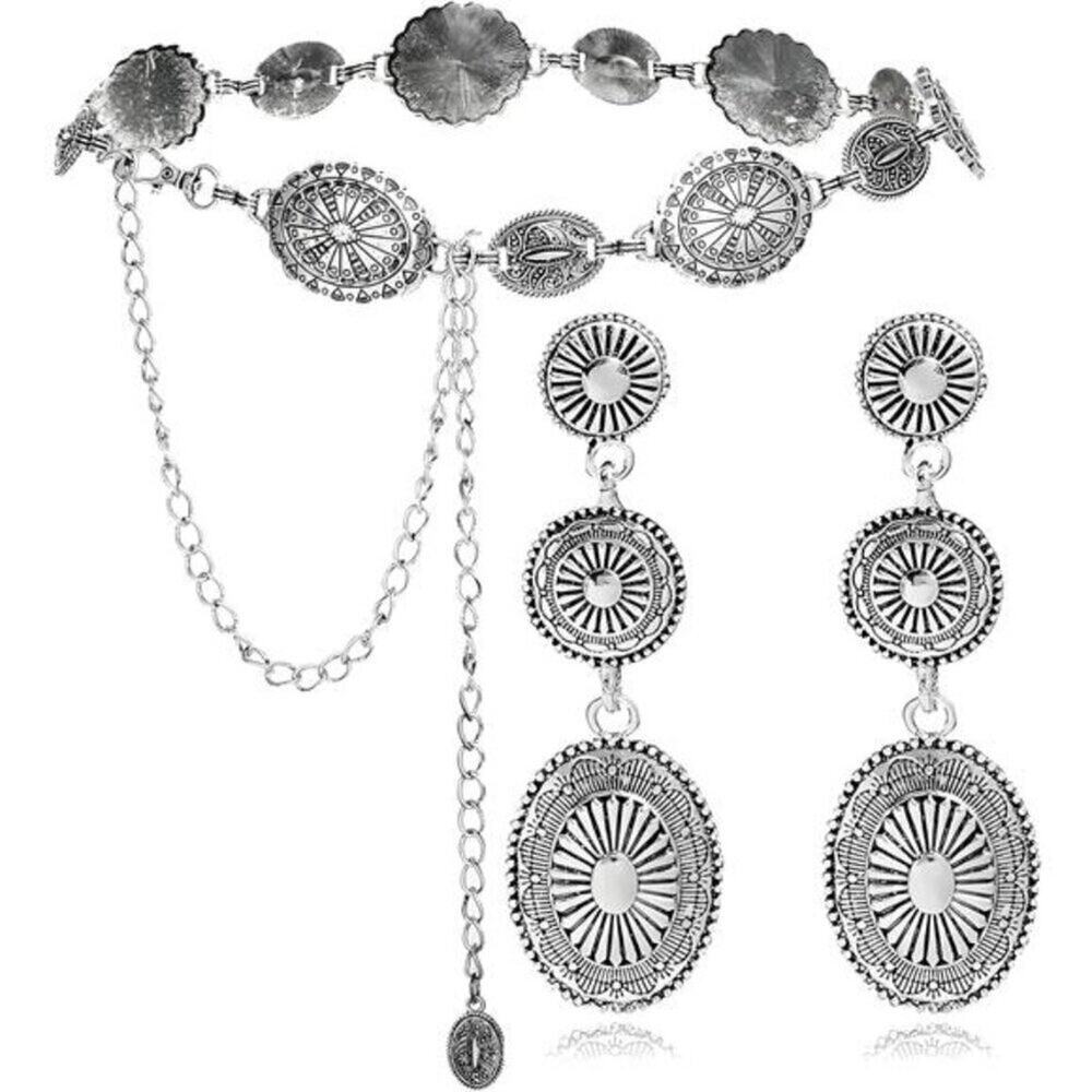 2 Pc Western Concho Belt for Woman Vintage Style Plus Cowgirl Earrings